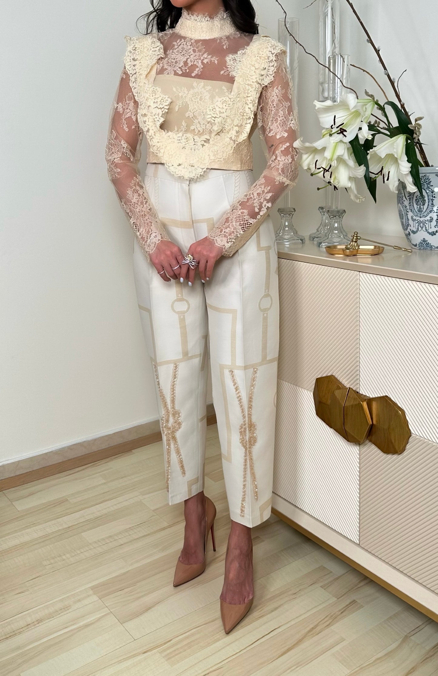 Embellished Elegance Jacquard Pants