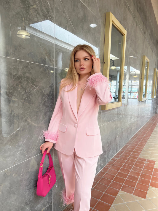 Feather Trim Blazer & Pants